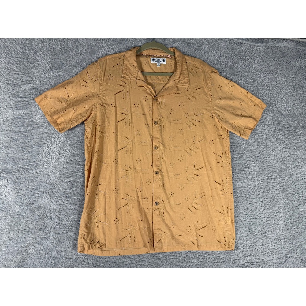 Free Planet Eyelet Shirt Mens Large Mustard Yellow Cotton Embroidered Tropical